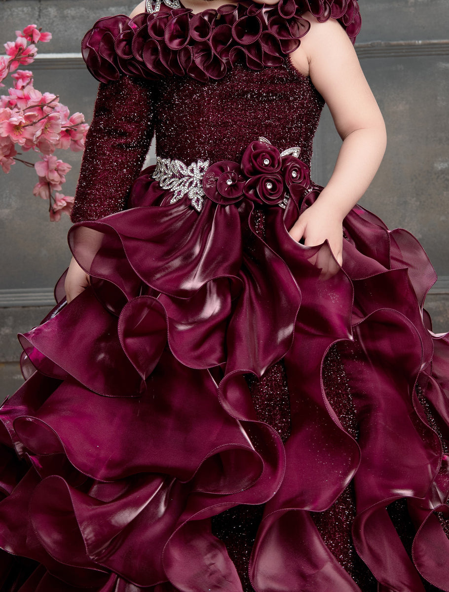 Ministitch Velvet Tissue ruffled embellished designer ball gown for baby girls Wine