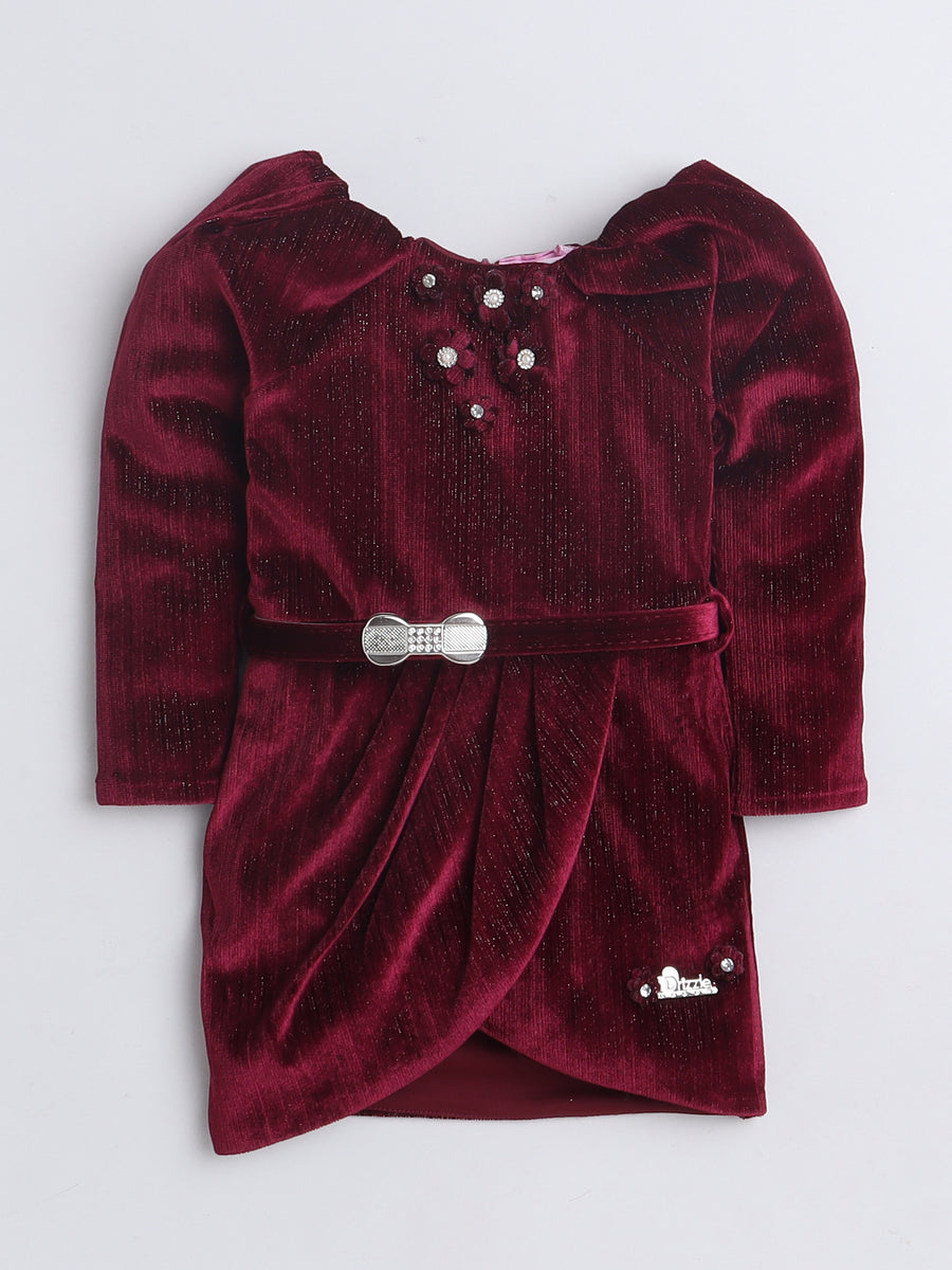 Mini stitch Velvet designer midi dress for baby girls -Maroon