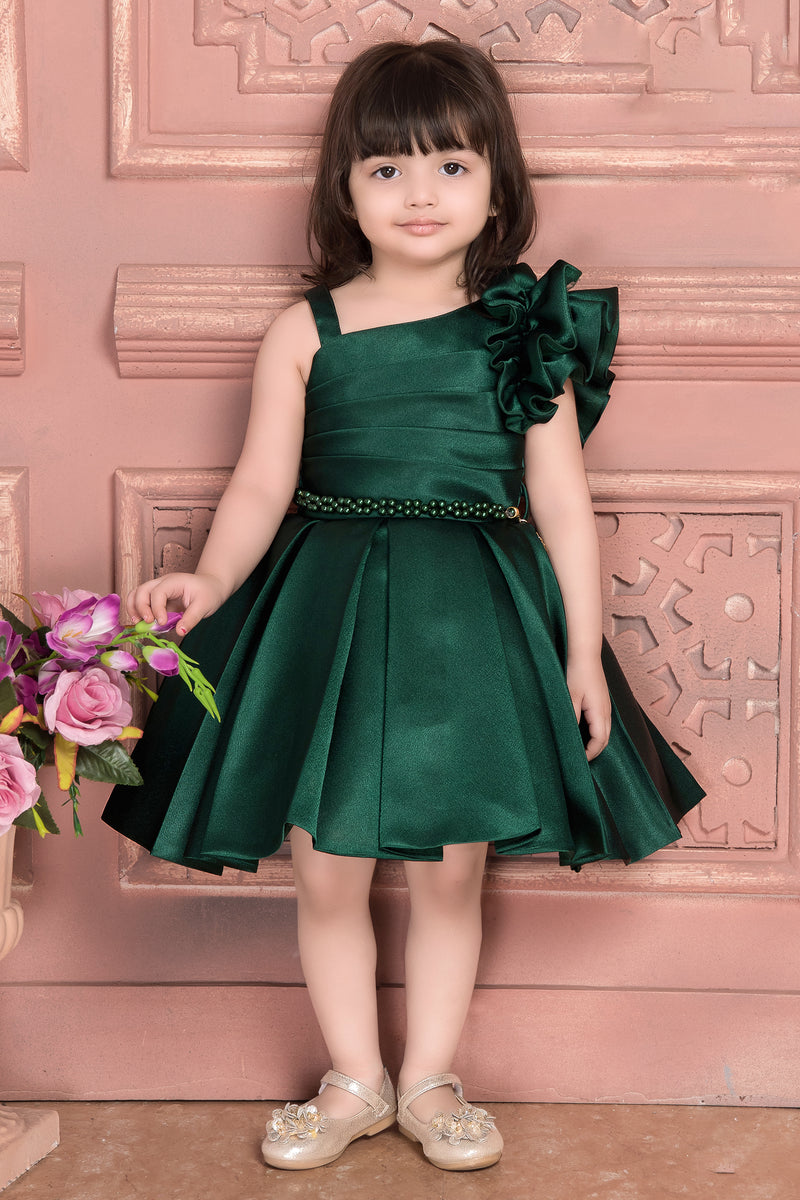 Ministitch Satin Green One shoulder frock for Baby girls