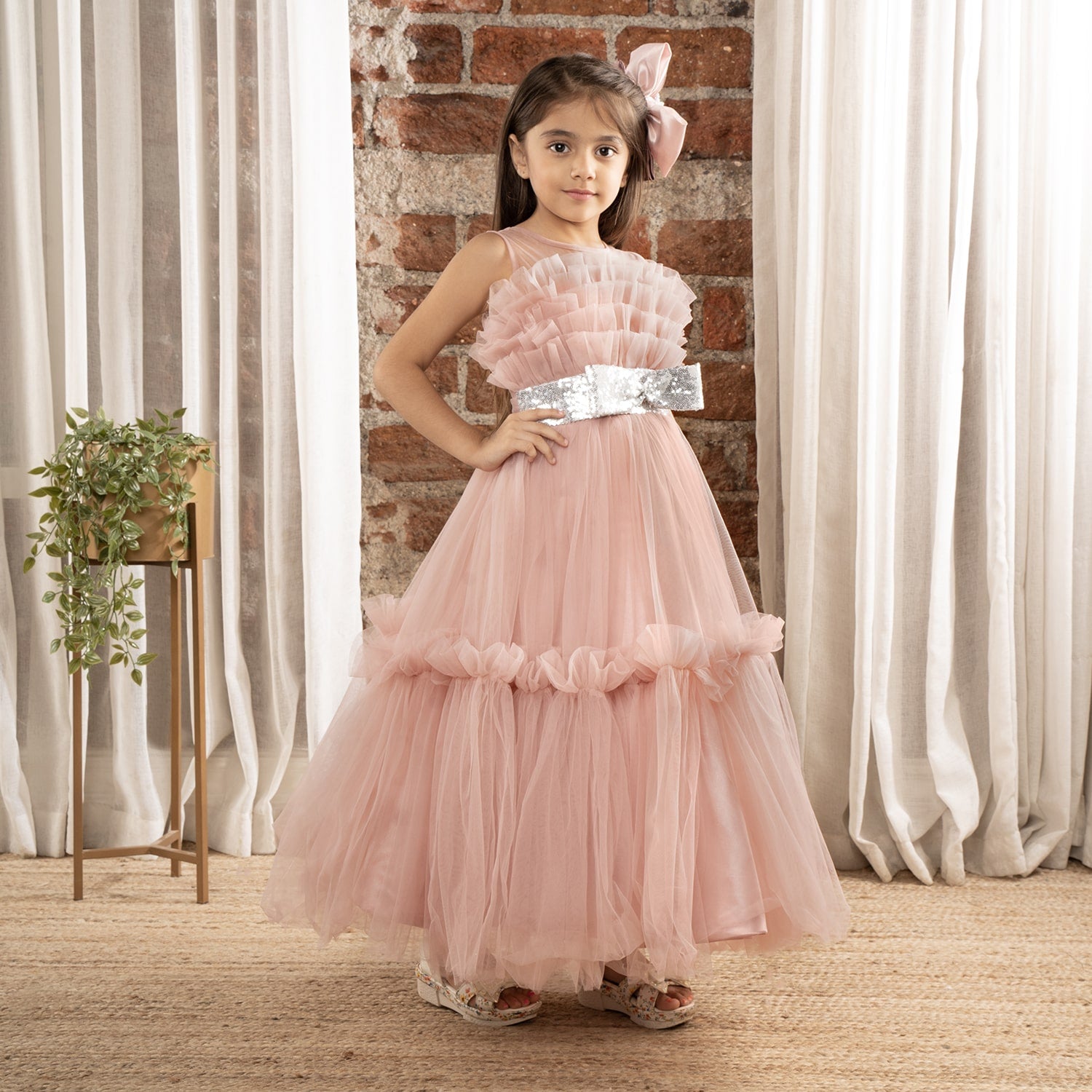 Babyhug Woven Half Sleeves Mesh Party Dress With Sequin Detailing & Bow Applique - Pink & White
