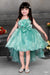 Mini stitch Flower embellished organza tail frock for girls -Sea green