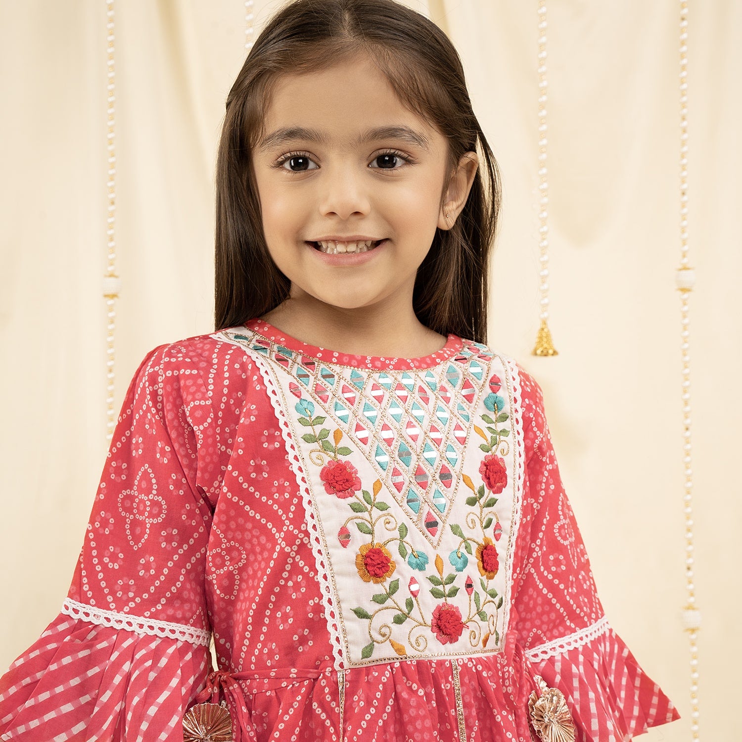 Buy Ministitch bell Sleeves bandhani Print and embroirdered, Lace Embellished Kurta & Garara set