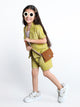 Ministitch Cotton Woven Elbow Sleeves Stylish Botanical Printed Jacket and Shorts with Graphic printed Top Co Ords - MUSTARD