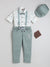 Ministitch 5 pcs suspender set with printed white shirt and Olive green pant for boys - Olive Green