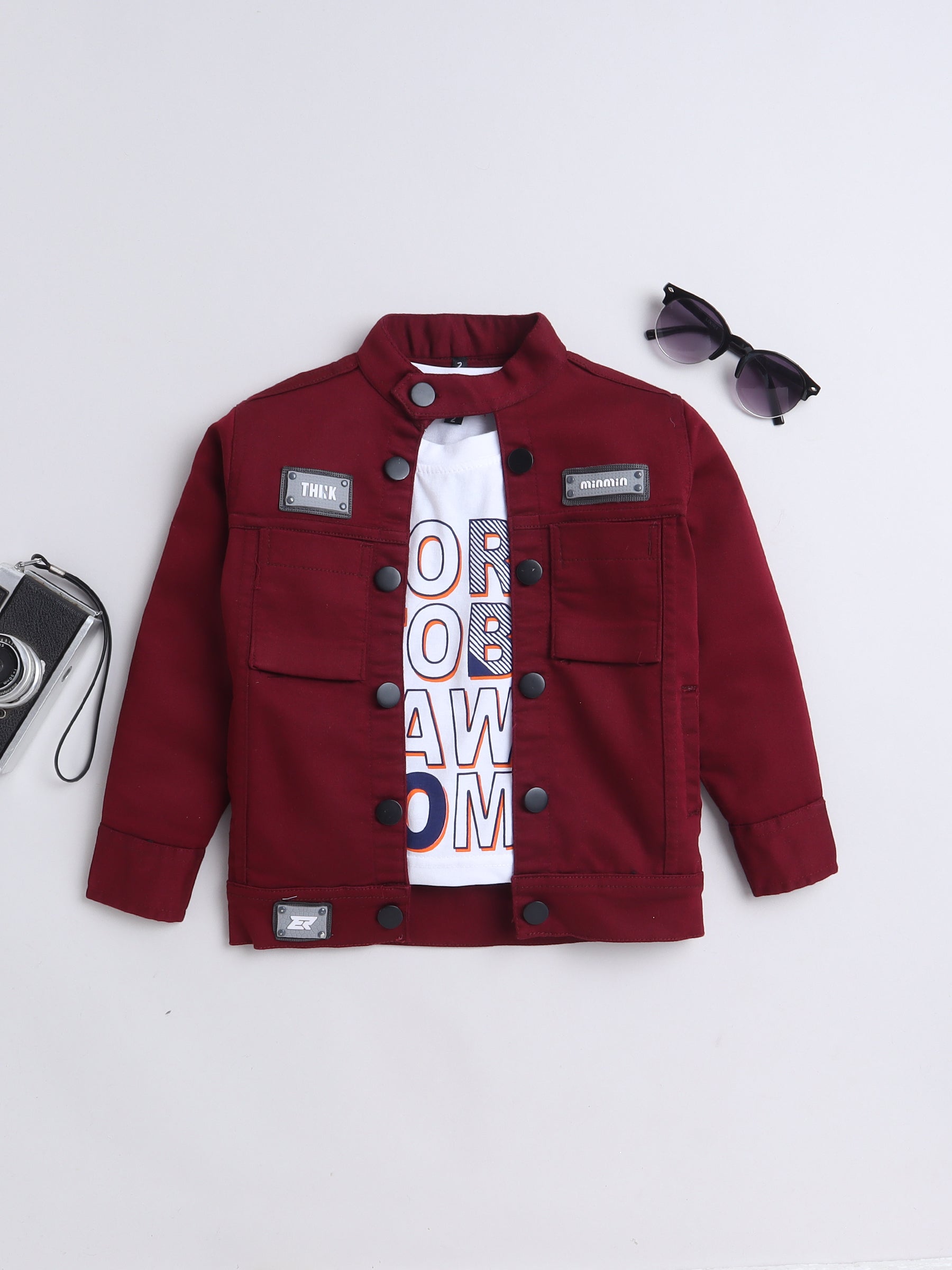 Buy Boys Maroon Denim Jacket with Graphic Tee Cool, Comfy