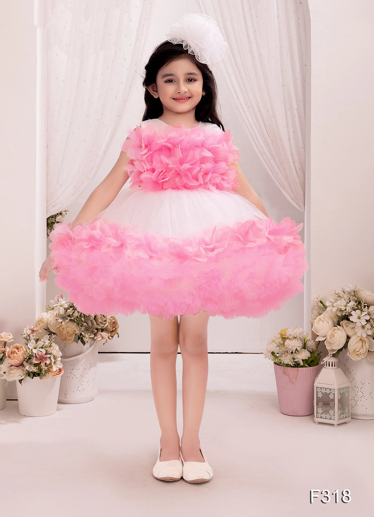 Mini Stitch Magenta and White Frill Frock with Floral Embellished Bodice for baby girls