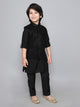 Ministitch woven 3/4TH Cotton Embriodered Top Pant Set- Black