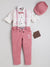 Ministitch 5 pcs suspender set with printed white shirt and Pink pant for boys - Pink