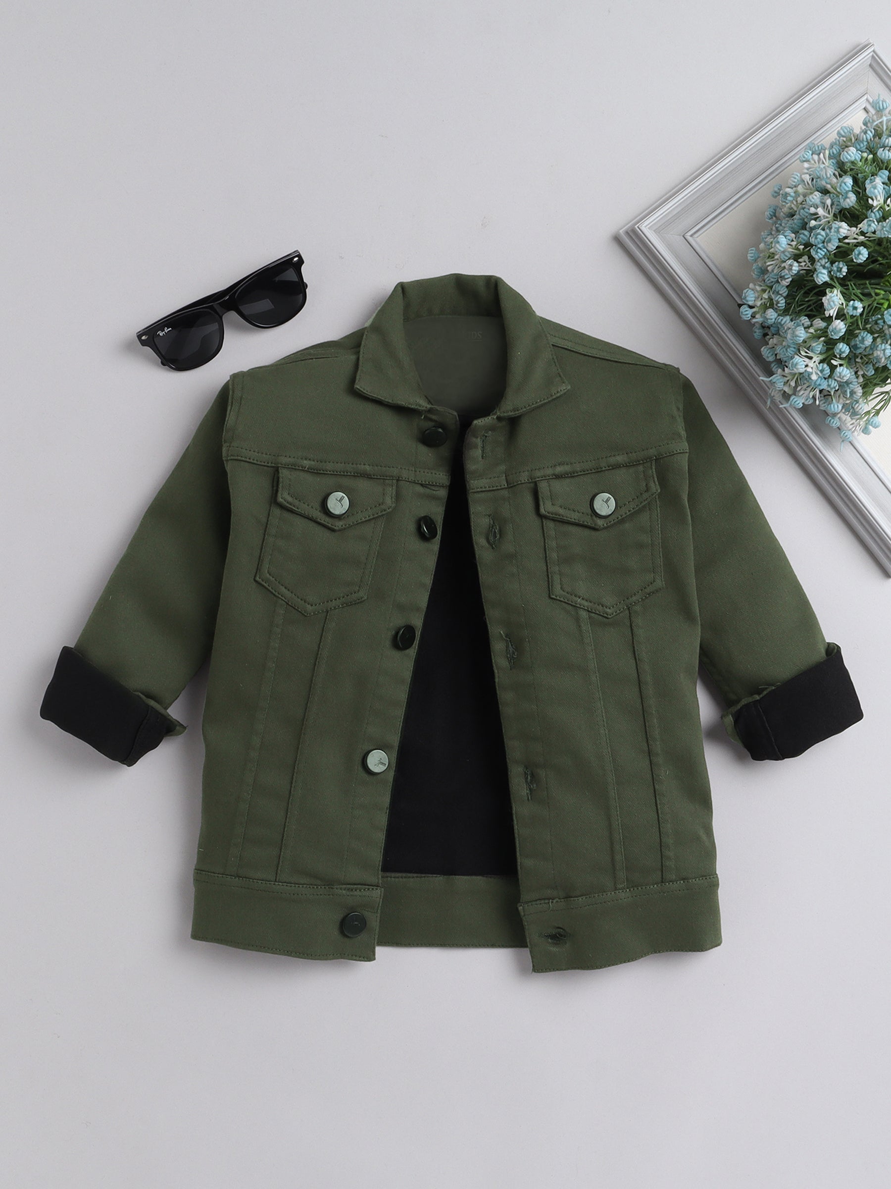 Buy Ministitch Boys Full Sleeves Olive Solid Denim Jacket Online