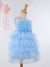 Ministitch flower crafted soft tulle sleeveless frock for girls - BLUE